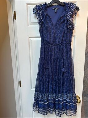 Aqua Navy Floral Ruffled Maxi Dress